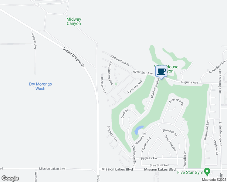 map of restaurants, bars, coffee shops, grocery stores, and more near 64123 Silver Star Avenue in Desert Hot Springs