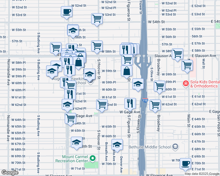map of restaurants, bars, coffee shops, grocery stores, and more near 647 West 60th Street in Los Angeles