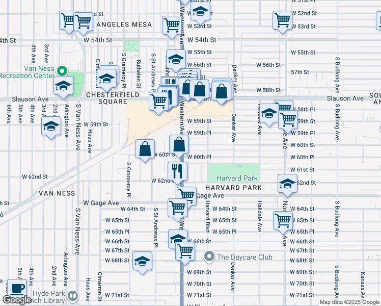 map of restaurants, bars, coffee shops, grocery stores, and more near West 60th Place in Los Angeles