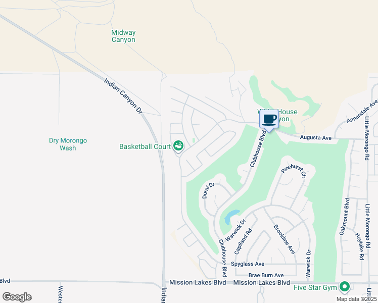 map of restaurants, bars, coffee shops, grocery stores, and more near 64123 Silver Star Avenue in Desert Hot Springs