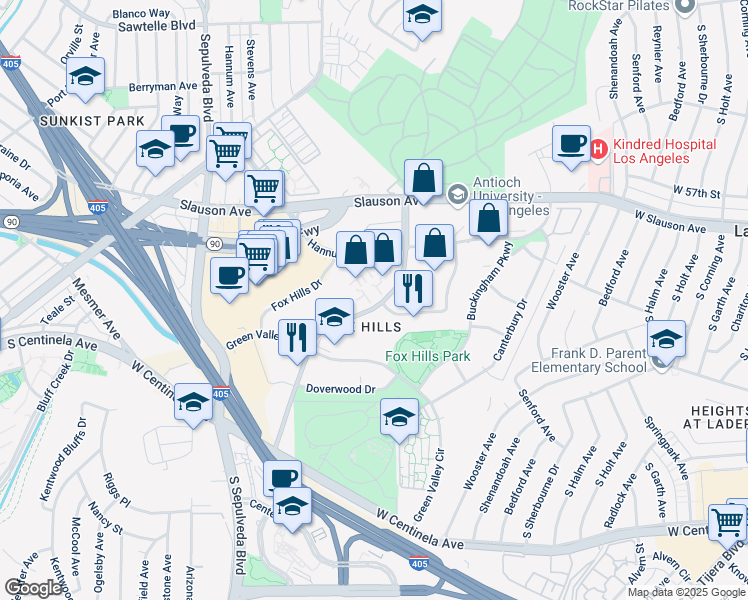map of restaurants, bars, coffee shops, grocery stores, and more near 6083 Bristol Parkway in Culver City