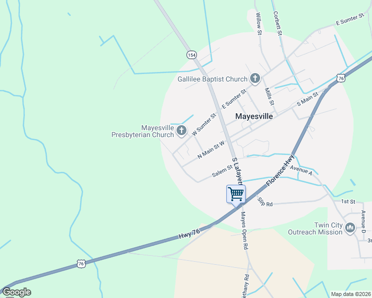 map of restaurants, bars, coffee shops, grocery stores, and more near 112 West Sumter Street in Mayesville