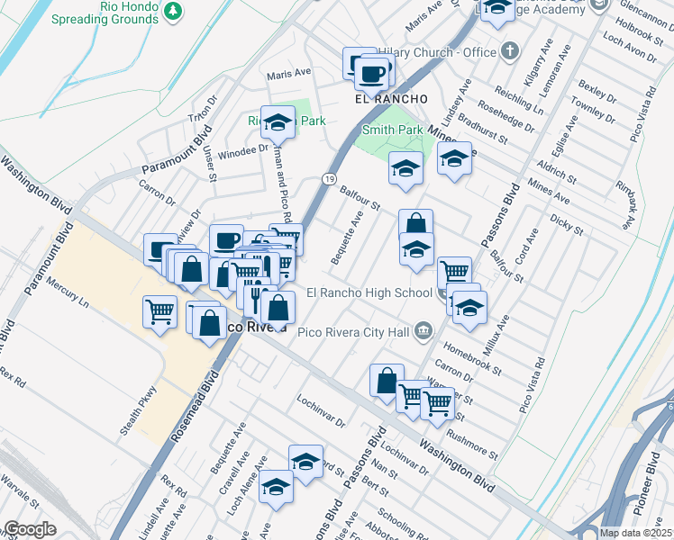 map of restaurants, bars, coffee shops, grocery stores, and more near 6513 Bonnie Vale Avenue in Pico Rivera