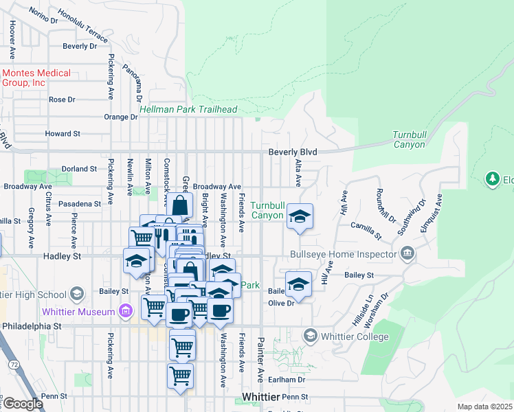map of restaurants, bars, coffee shops, grocery stores, and more near 6231 Painter Avenue in Whittier