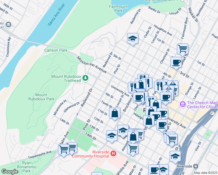 map of restaurants, bars, coffee shops, grocery stores, and more near 4380 University Avenue in Riverside