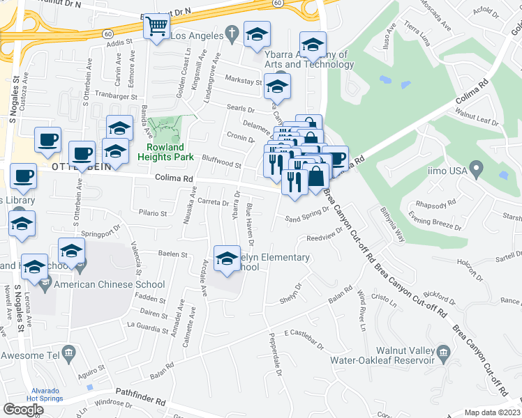 map of restaurants, bars, coffee shops, grocery stores, and more near 19647 Carreta Drive in Rowland Heights