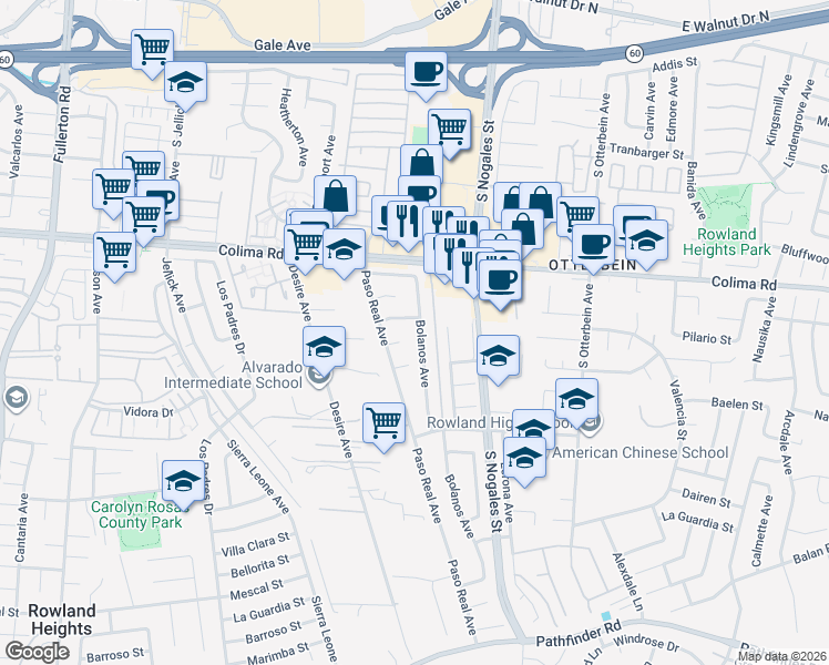 map of restaurants, bars, coffee shops, grocery stores, and more near 1813 Bolanos Avenue in La Puente
