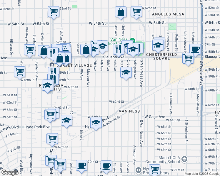 map of restaurants, bars, coffee shops, grocery stores, and more near 6002 5th Avenue in Los Angeles