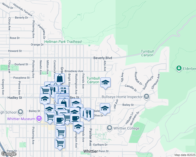 map of restaurants, bars, coffee shops, grocery stores, and more near 6231 Haviland Avenue in Whittier