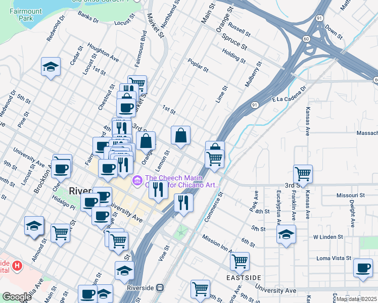 map of restaurants, bars, coffee shops, grocery stores, and more near 3276 Lime Street in Riverside
