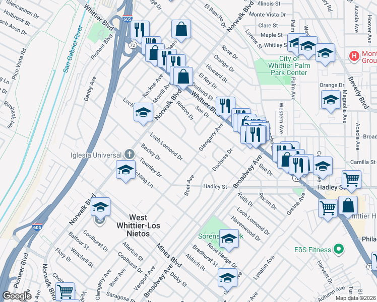 map of restaurants, bars, coffee shops, grocery stores, and more near 11034 Loch Avon Dr in Whittier