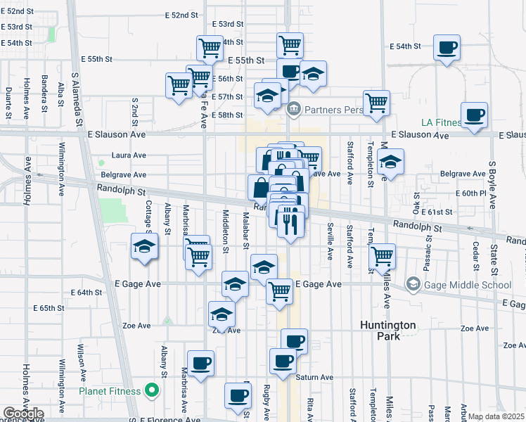 map of restaurants, bars, coffee shops, grocery stores, and more near 2530 Randolph Street in Huntington Park