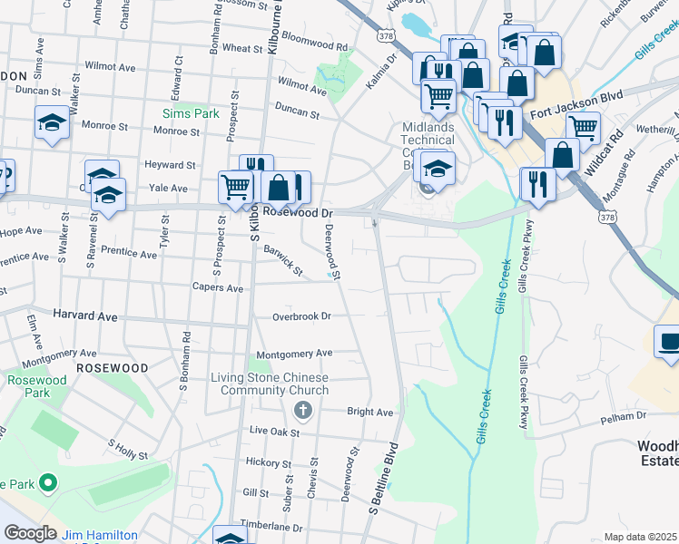 map of restaurants, bars, coffee shops, grocery stores, and more near 448 Deerwood Street in Columbia