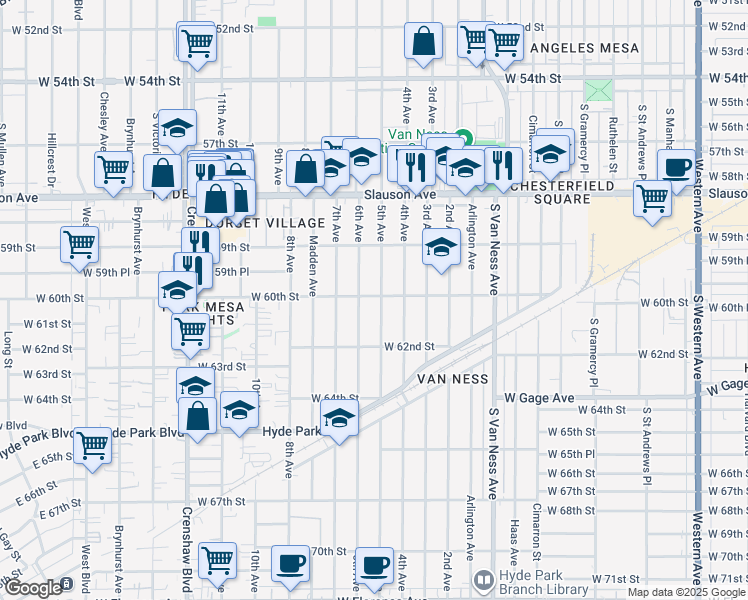 map of restaurants, bars, coffee shops, grocery stores, and more near 6003 5th Avenue in Los Angeles