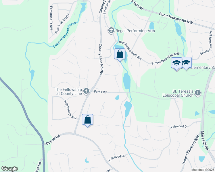 map of restaurants, bars, coffee shops, grocery stores, and more near 6100 Fords Road in Acworth