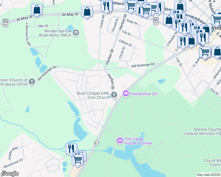 map of restaurants, bars, coffee shops, grocery stores, and more near 151 Horton Street in Winder