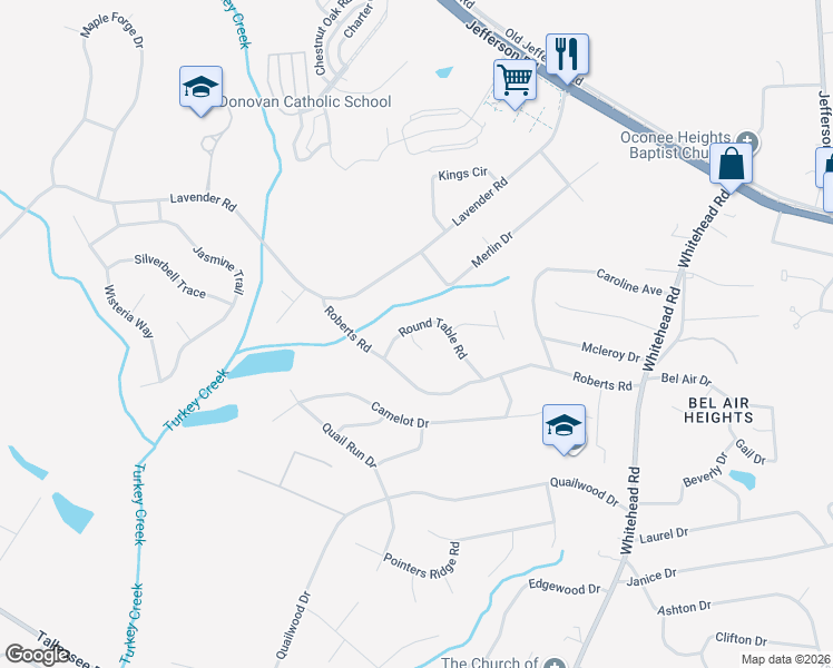 map of restaurants, bars, coffee shops, grocery stores, and more near 105 Round Table Court in Athens
