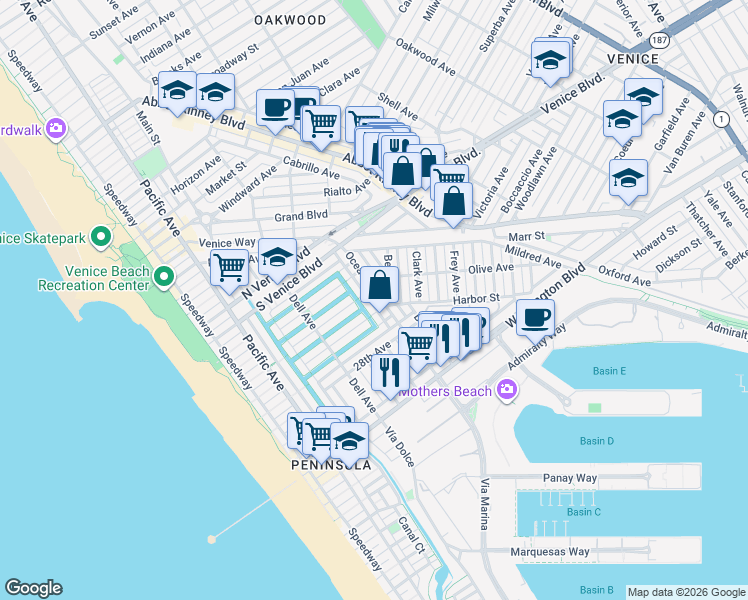 map of restaurants, bars, coffee shops, grocery stores, and more near 2403 Ocean Avenue in Los Angeles