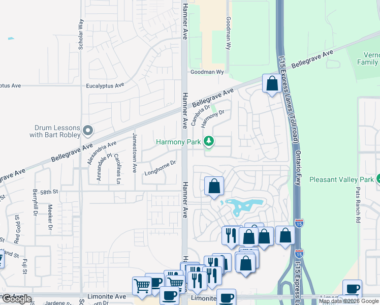 map of restaurants, bars, coffee shops, grocery stores, and more near 5677 Cambria Drive in Eastvale