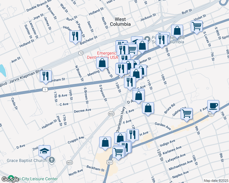 map of restaurants, bars, coffee shops, grocery stores, and more near 1315 B Avenue in West Columbia