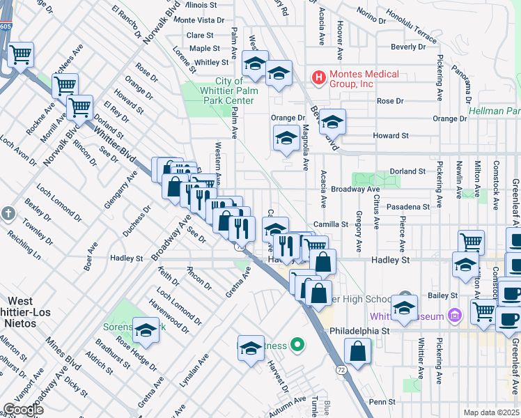 map of restaurants, bars, coffee shops, grocery stores, and more near 6234 Gretna Avenue in Whittier