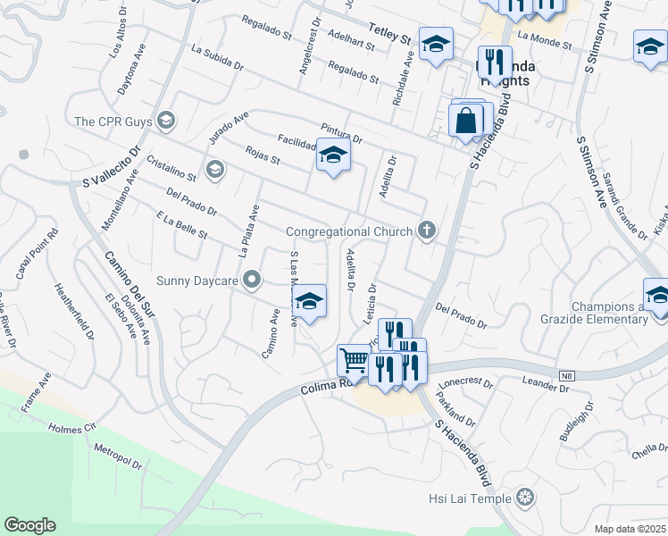 map of restaurants, bars, coffee shops, grocery stores, and more near 2905 Adelita Drive in Hacienda Heights