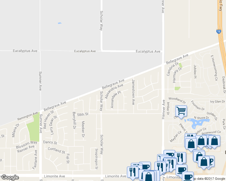 map of restaurants, bars, coffee shops, grocery stores, and more near 5654 Alexandria Avenue in Corona
