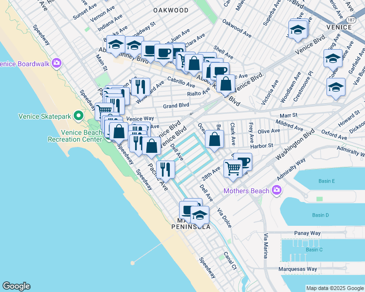 map of restaurants, bars, coffee shops, grocery stores, and more near 420 Carroll Canal in Los Angeles