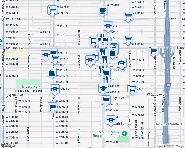 map of restaurants, bars, coffee shops, grocery stores, and more near 1040 West 60th Street in Los Angeles