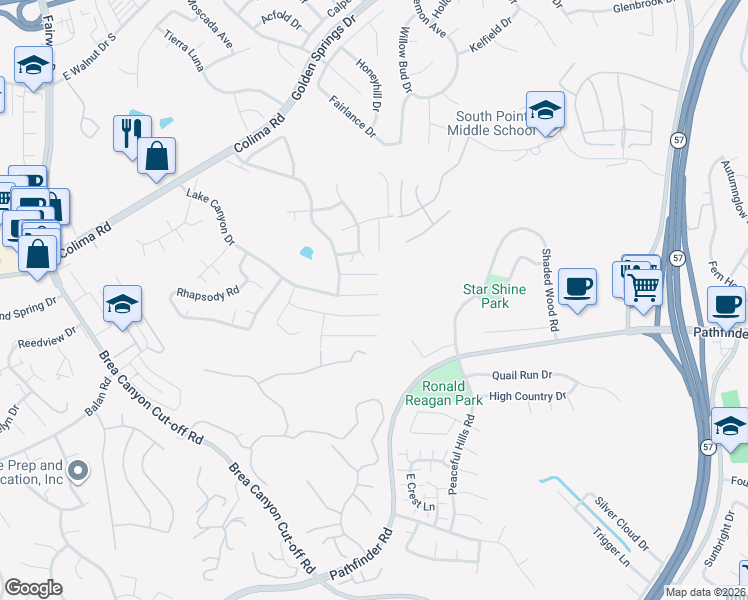 map of restaurants, bars, coffee shops, grocery stores, and more near 20540 Lake Canyon Drive in Walnut
