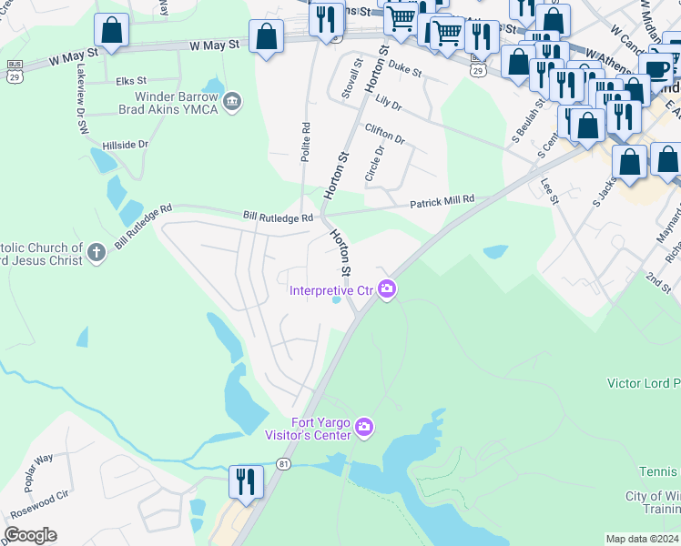 map of restaurants, bars, coffee shops, grocery stores, and more near 155 Horton Street in Winder