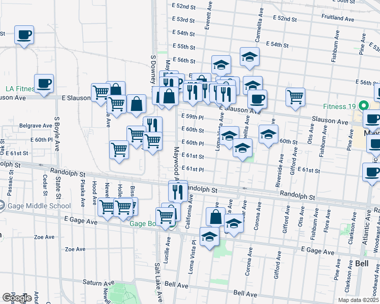 map of restaurants, bars, coffee shops, grocery stores, and more near 3531 East 61st Street in Huntington Park