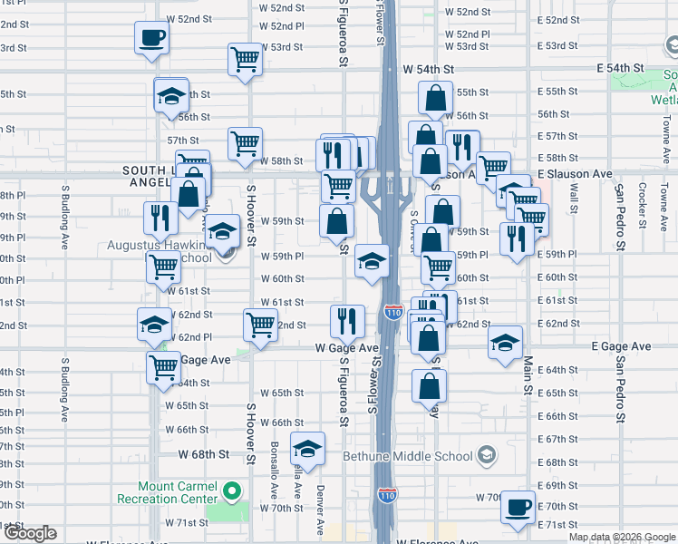 map of restaurants, bars, coffee shops, grocery stores, and more near 5965 South Figueroa Street in Los Angeles