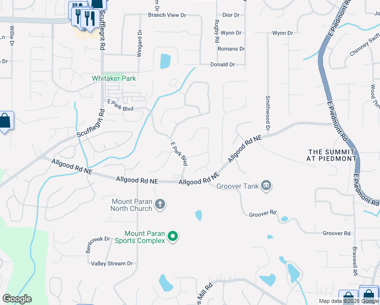 map of restaurants, bars, coffee shops, grocery stores, and more near 1701 Glen Echo Way in Marietta
