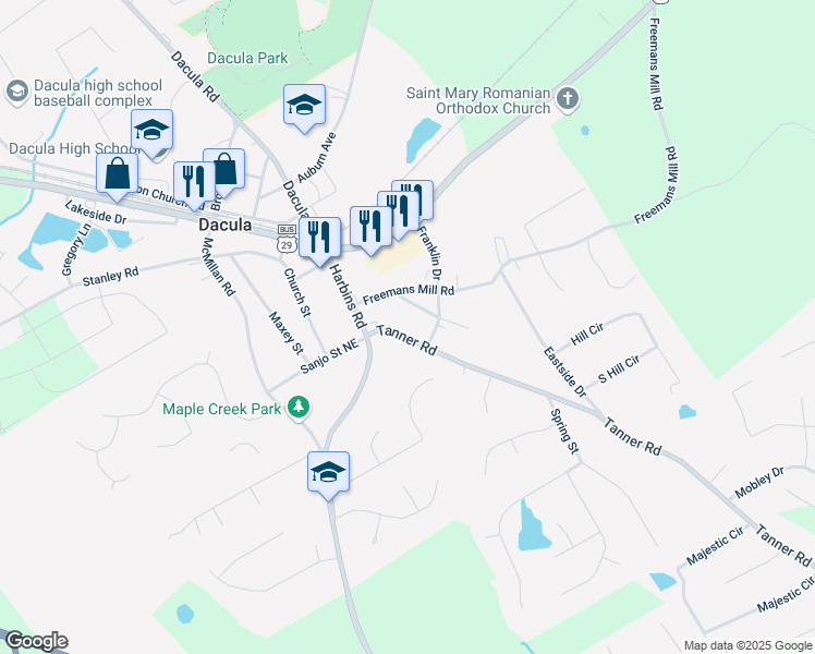 map of restaurants, bars, coffee shops, grocery stores, and more near 416 Tanners Road in Dacula