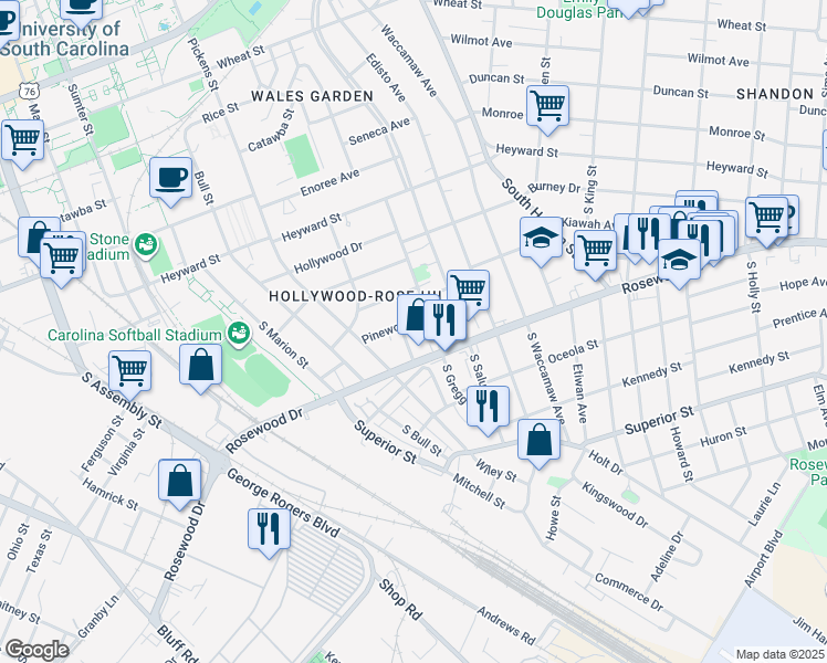 map of restaurants, bars, coffee shops, grocery stores, and more near 1722 Pinewood Drive in Columbia