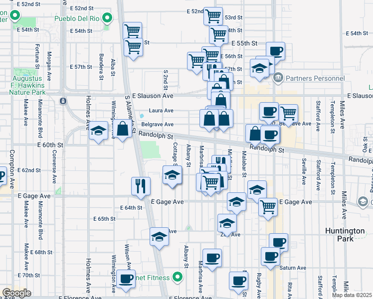 map of restaurants, bars, coffee shops, grocery stores, and more near 6127 Albany Street in Huntington Park