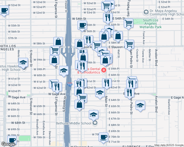 map of restaurants, bars, coffee shops, grocery stores, and more near 211 West 60th Street in Los Angeles