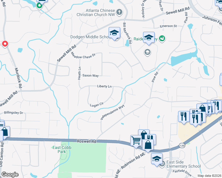 map of restaurants, bars, coffee shops, grocery stores, and more near 3626 Liberty Lane in Marietta