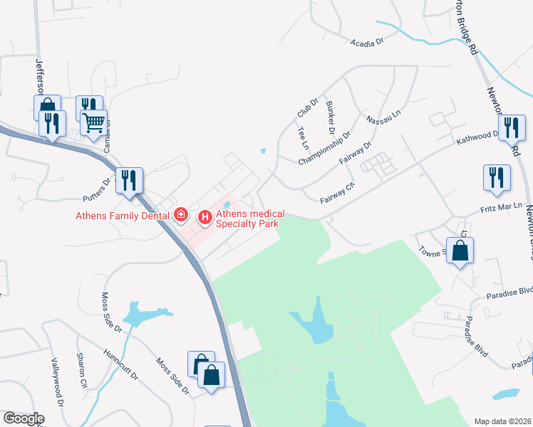 map of restaurants, bars, coffee shops, grocery stores, and more near 101-111 Kathwood Dr in Athens