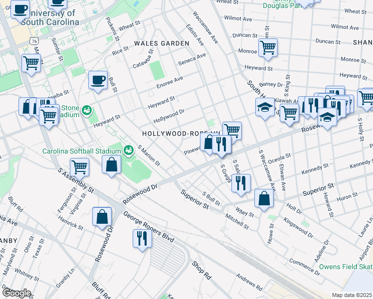 map of restaurants, bars, coffee shops, grocery stores, and more near 1705 Pinewood Drive in Columbia