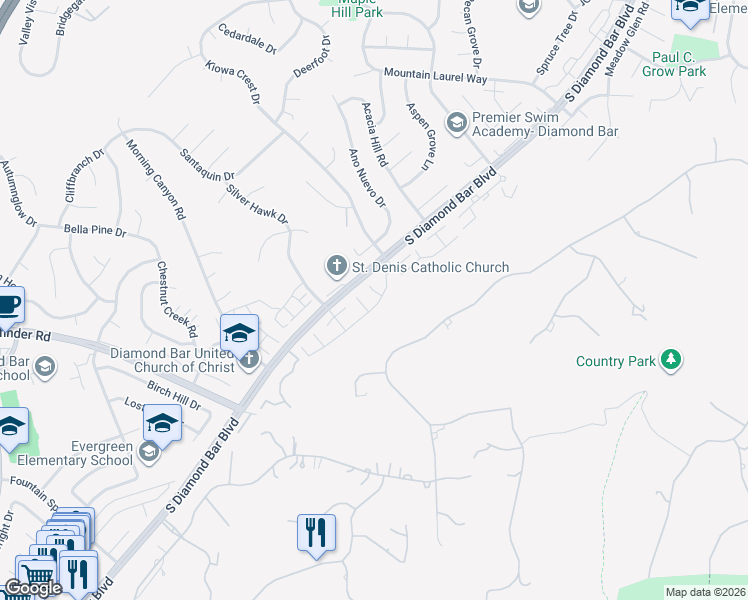 map of restaurants, bars, coffee shops, grocery stores, and more near 2121 Dublin Lane in Diamond Bar