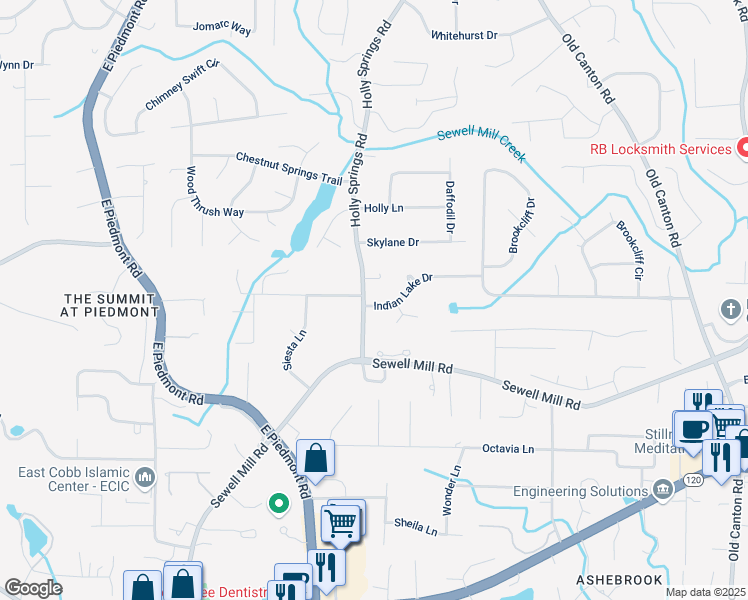 map of restaurants, bars, coffee shops, grocery stores, and more near 2565 Indian Lake Drive in Marietta