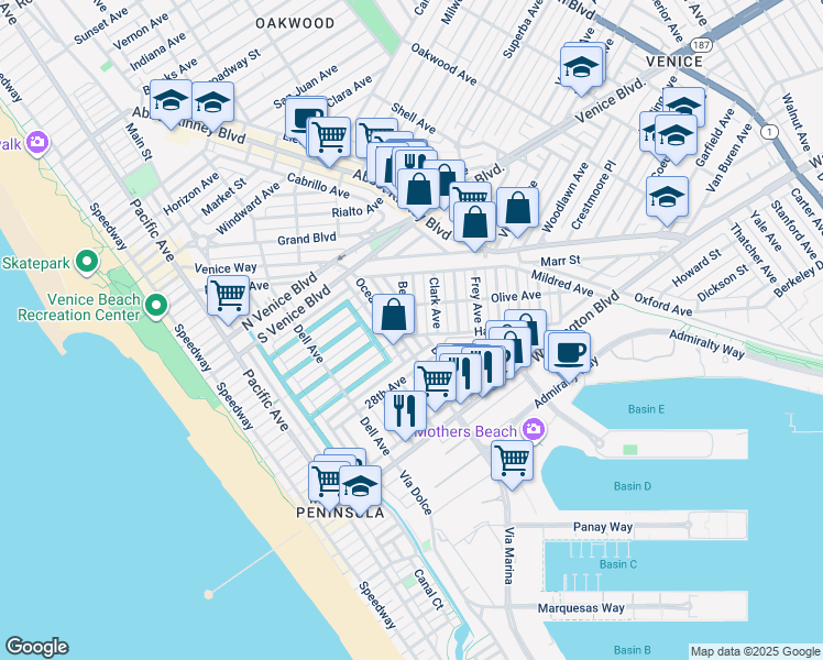 map of restaurants, bars, coffee shops, grocery stores, and more near 2429 McKinley Avenue in Los Angeles