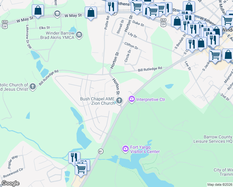 map of restaurants, bars, coffee shops, grocery stores, and more near 151 Horton Street in Winder