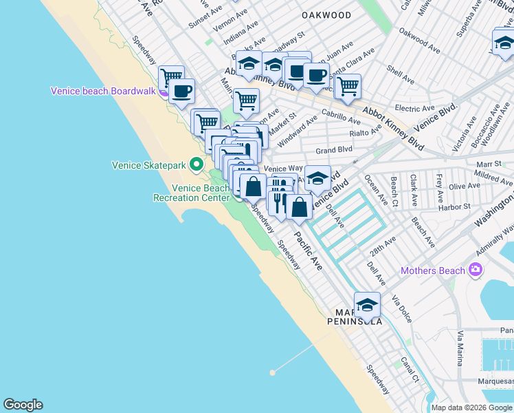 map of restaurants, bars, coffee shops, grocery stores, and more near 10 19th Avenue in Los Angeles