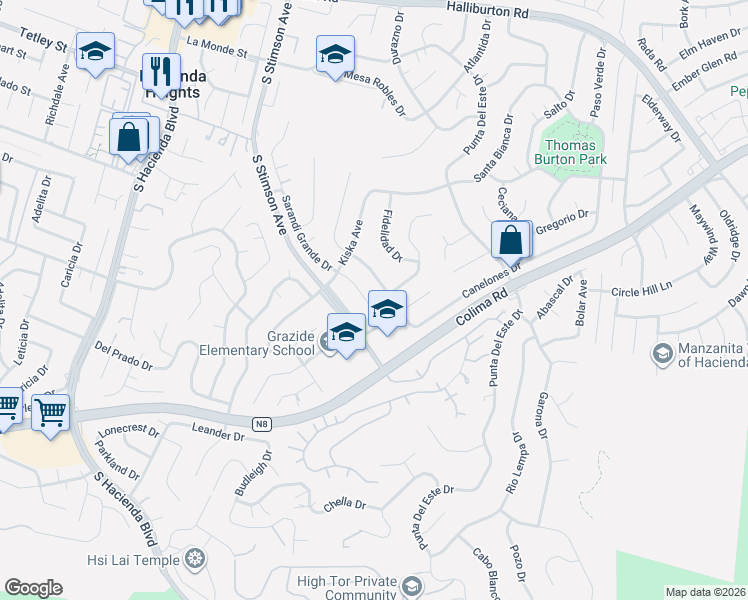 map of restaurants, bars, coffee shops, grocery stores, and more near 2756 Sarandi Grande Drive in Hacienda Heights