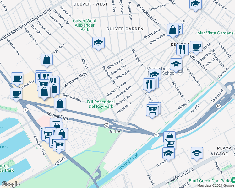 map of restaurants, bars, coffee shops, grocery stores, and more near 12917 Admiral Avenue in Los Angeles