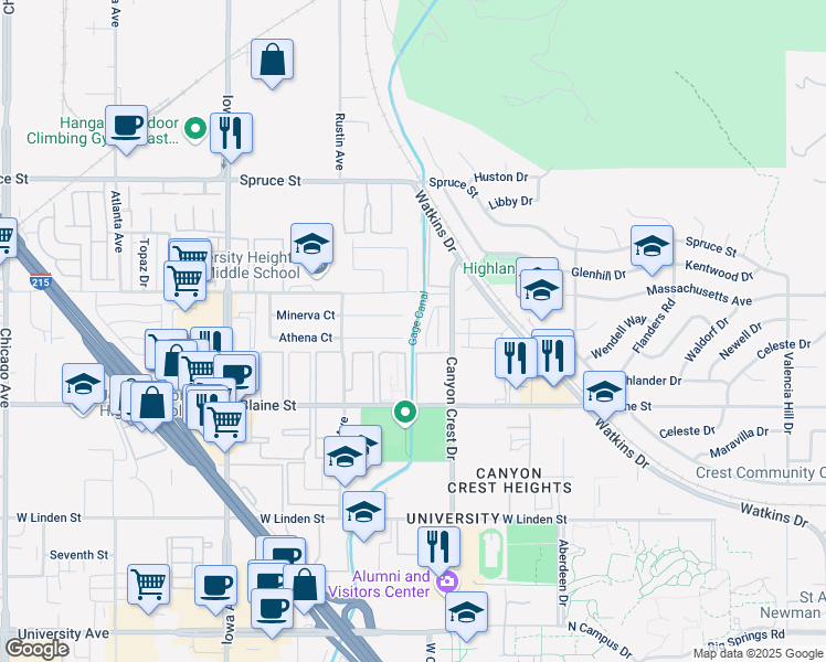 map of restaurants, bars, coffee shops, grocery stores, and more near Gage Canal in Riverside