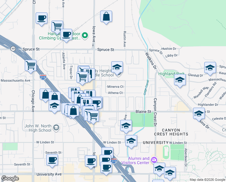 map of restaurants, bars, coffee shops, grocery stores, and more near 1175 Athena Court in Riverside
